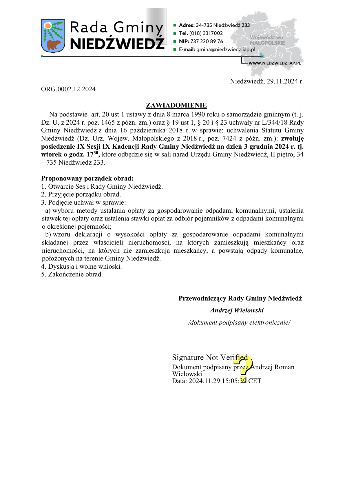 Zawiadomienie o IX Sesji IX Kadencji Rady Gminy Niedźwiedź na dzień 3 grudnia 2024r.