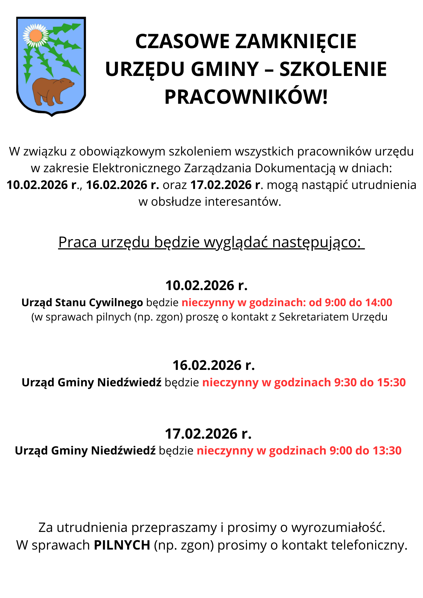 CZASOWE ZAMKNIĘCIE URZĘDU GMINY
