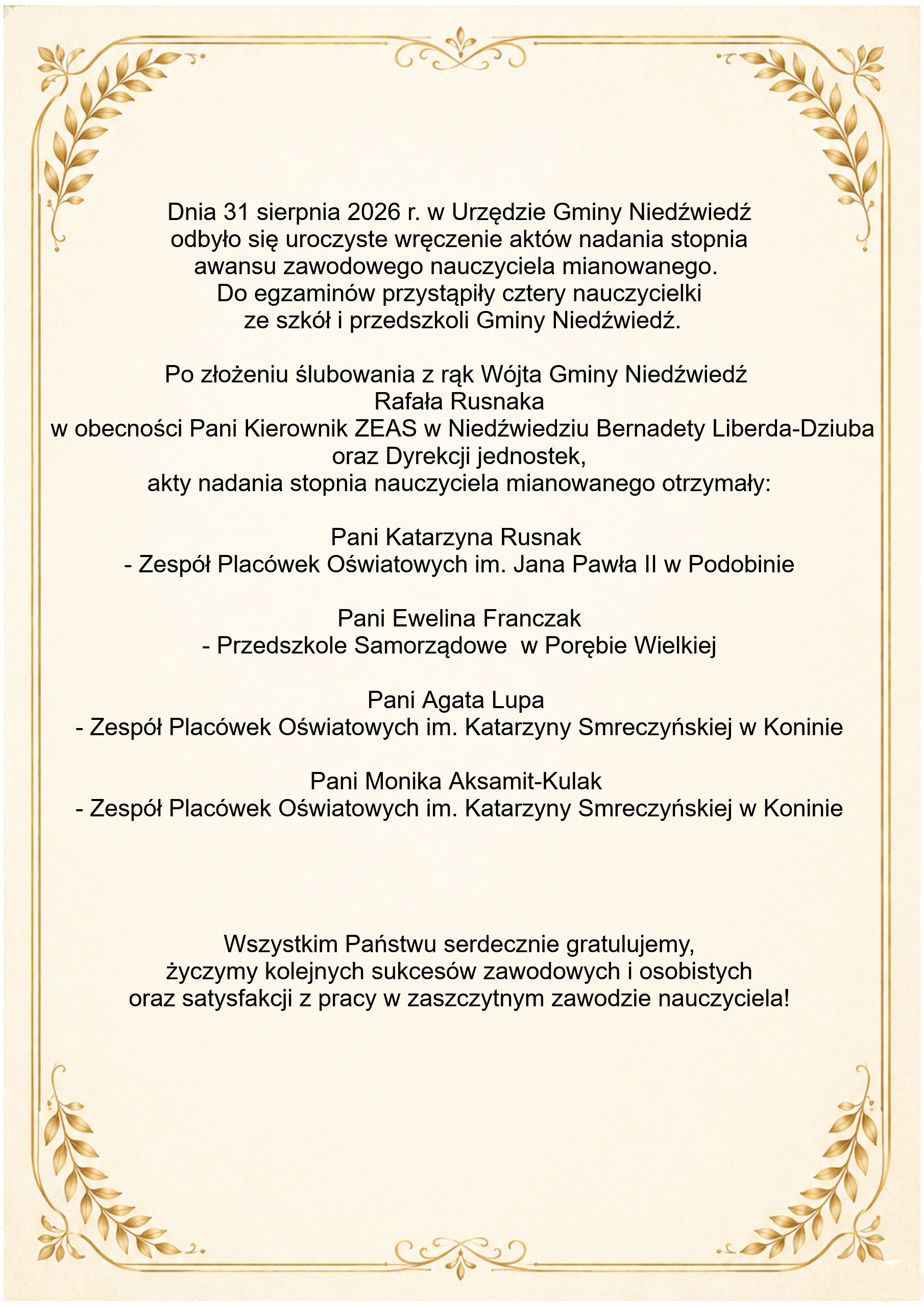 Uroczyste Mianowanie Nauczycieli